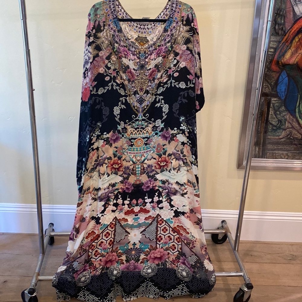 OS Camilla Kaftan, black, pink, purple print, with rhinestone detail.